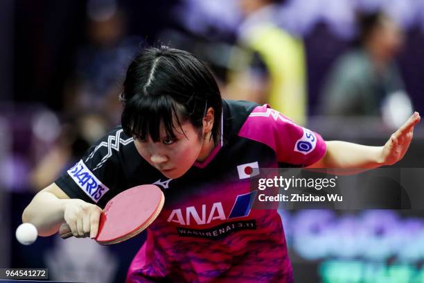 Hirano Miu of Japan in action at the women's singles match compete with Gu Yuting of China during the 2018 ITTF World Tour China Open on May 31, 2018...