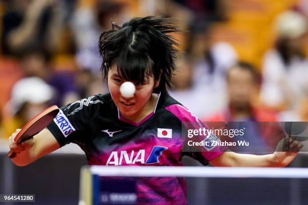 Hirano Miu of Japan in action at the women's singles match compete with Gu Yuting of China during the 2018 ITTF World Tour China Open on May 31, 2018...