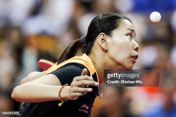 Gu Yuting of China in action at the women's singles match compete with Hirano Miu of Japan during the 2018 ITTF World Tour China Open on May 31, 2018...