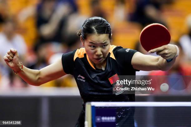 Gu Yuting of China in action at the women's singles match compete with Hirano Miu of Japan during the 2018 ITTF World Tour China Open on May 31, 2018...