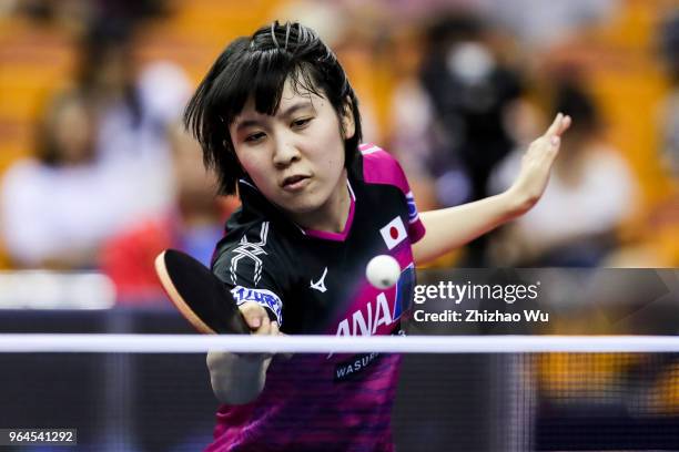 Hirano Miu of Japan in action at the women's singles match compete with Gu Yuting of China during the 2018 ITTF World Tour China Open on May 31, 2018...