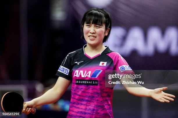 Hirano Miu of Japan in action at the women's singles match compete with Gu Yuting of China during the 2018 ITTF World Tour China Open on May 31, 2018...