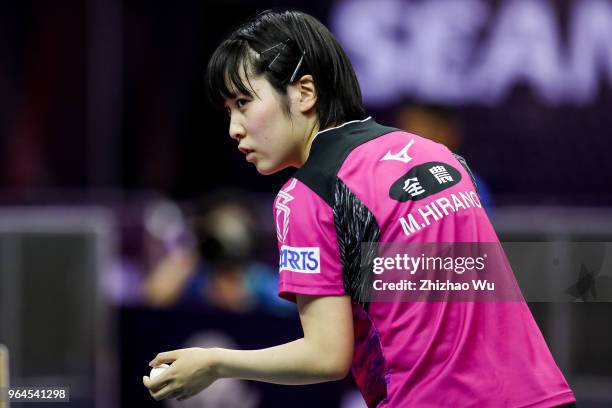 Hirano Miu of Japan in action at the women's singles match compete with Gu Yuting of China during the 2018 ITTF World Tour China Open on May 31, 2018...