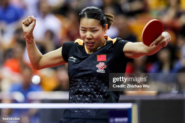 Gu Yuting of China in action at the women's singles match compete with Hirano Miu of Japan during the 2018 ITTF World Tour China Open on May 31, 2018...