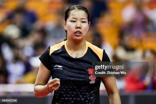 Gu Yuting of China in action at the women's singles match compete with Hirano Miu of Japan during the 2018 ITTF World Tour China Open on May 31, 2018...