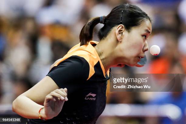 Gu Yuting of China in action at the women's singles match compete with Hirano Miu of Japan during the 2018 ITTF World Tour China Open on May 31, 2018...