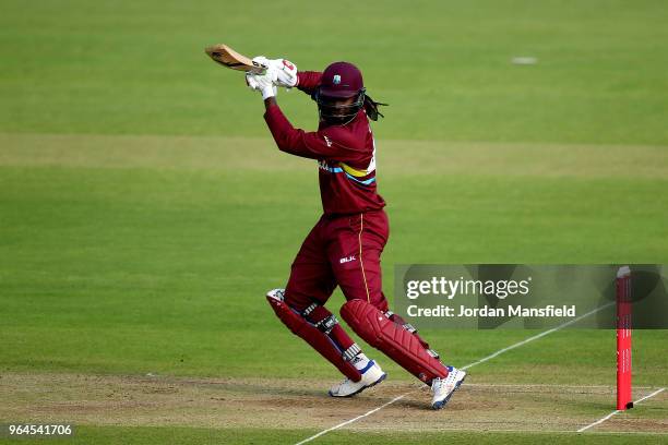 Chris Gayle of the West Indies bats during the T20 match between ICC World XI and West Indies at Lord's Cricket Ground on May 31, 2018 in London,...