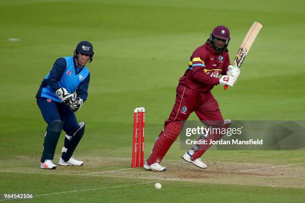 Chris Gayle of the West Indies bats during the T20 match between ICC World XI and West Indies at Lord's Cricket Ground on May 31, 2018 in London,...