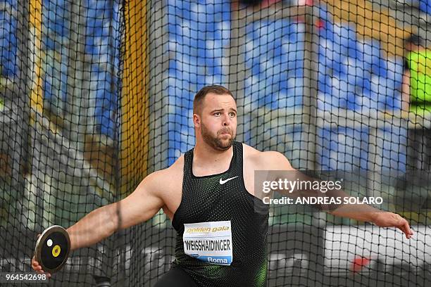 Austria's Lukas Weisshaidinger competes in the men's Discus Throw event of the IAAF Diamond League 2018 Golden Gala on May 31, 2018 at the Comunal...