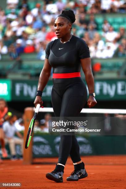 Serena Williams of The United States looks on during the ladies singles second round match against Ashleigh Barty of Ausralia during day five of the...