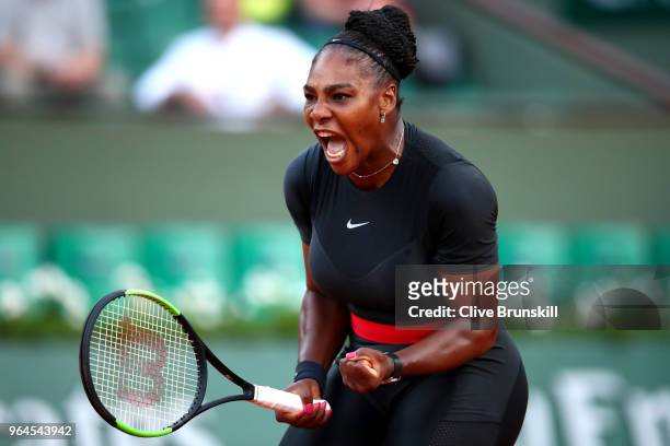 Serena Williams of The United States celebrates during the ladies singles second round match against Ashleigh Barty of Ausralia during day five of...