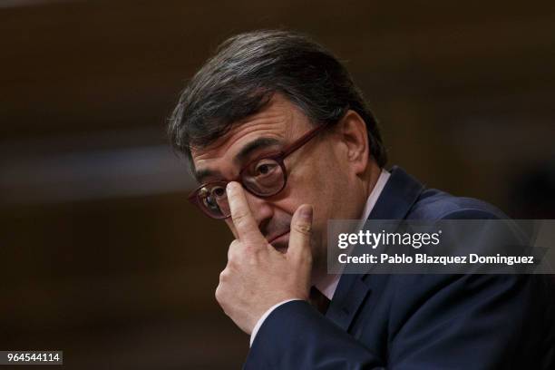 Basque National Party member Aitor Esteban speaks during a debate on a no-confidence motion at the Lower House of the Spanish Parliament on May 31,...