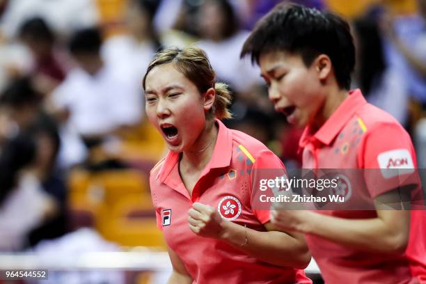 Ng Wing Nam and Soo Wai Yam Minnie of Hong Kong China in action at the women's doubles quarter-final compete with Hayata Hina and Ito Mima of Japan...