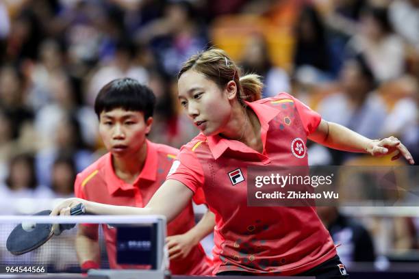 Ng Wing Nam and Soo Wai Yam Minnie of Hong Kong China in action at the women's doubles quarter-final compete with Hayata Hina and Ito Mima of Japan...