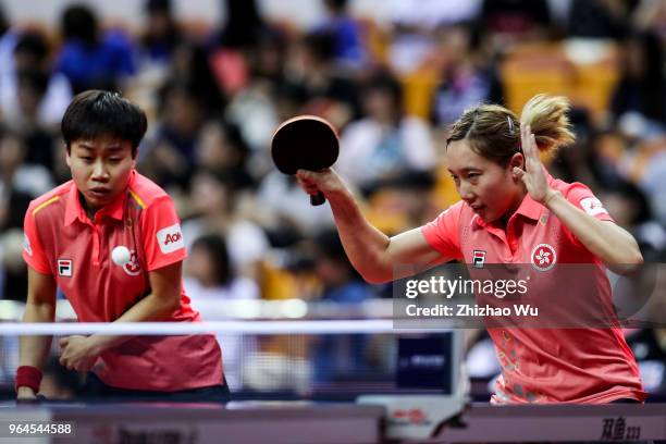 Ng Wing Nam and Soo Wai Yam Minnie of Hong Kong China in action at the women's doubles quarter-final compete with Hayata Hina and Ito Mima of Japan...