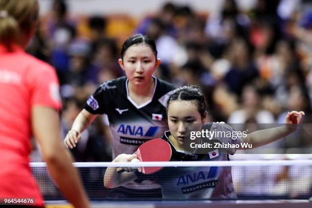 Hayata Hina and Ito Mima of Japan in action at the women's doubles quarter-final compete with Ng Wing Nam and Soo Wai Yam Minnie of Hong Kong China...