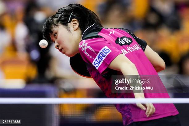 Hirano Miu of Japan in action at the women's singles match compete with Gu Yuting of China during the 2018 ITTF World Tour China Open on May 31, 2018...