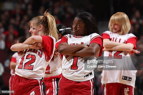 The Chicago BullsKidz dance team perform during the game against the Los Angeles Clippers on February 2, 2010 at the United Center in Chicago,...