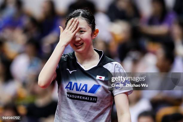 Hayata Hina of Japan in action at the women's doubles quarter-final compete with Ng Wing Nam and Soo Wai Yam Minnie of Hong Kong China during the...