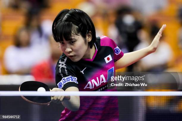 Hirano Miu of Japan in action at the women's singles match compete with Gu Yuting of China during the 2018 ITTF World Tour China Open on May 31, 2018...