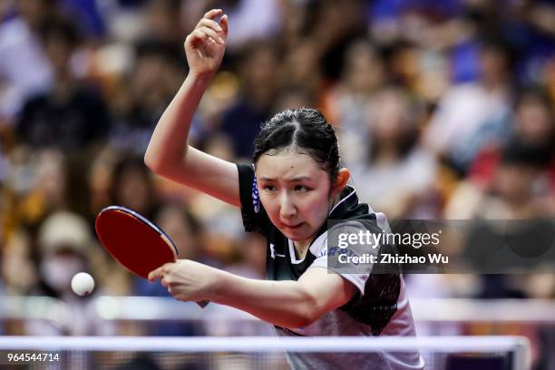 Hayata Hina of Japan in action at the women's doubles quarter-final compete with Ng Wing Nam and Soo Wai Yam Minnie of Hong Kong China during the...