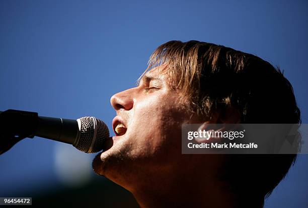 Dave Rennick of Dappled Cities performs on stage during the Adelaide leg of Laneway Festival at Fowler's Live on February 5, 2010 in Adelaide,...