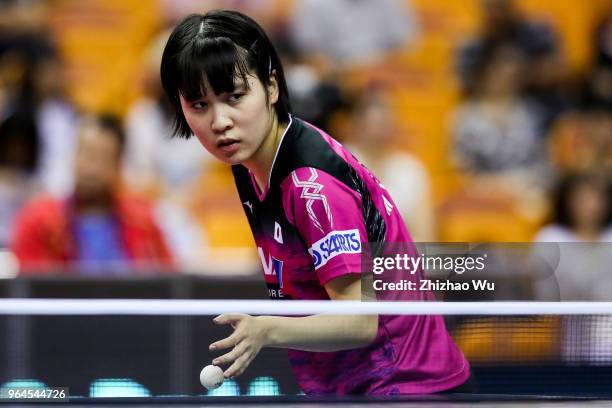 Hirano Miu of Japan in action at the women's singles match compete with Gu Yuting of China during the 2018 ITTF World Tour China Open on May 31, 2018...