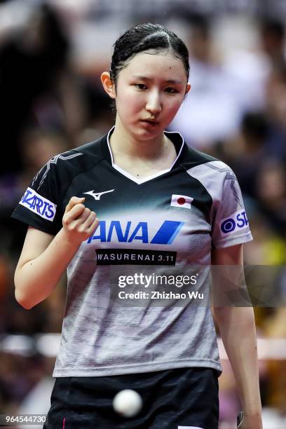 Hayata Hina of Japan in action at the women's doubles quarter-final compete with Ng Wing Nam and Soo Wai Yam Minnie of Hong Kong China during the...