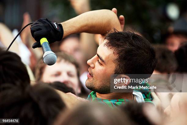 Brendan Huntly of Eddy Current Suppression Ring performs on stage during the Adelaide leg of Laneway Festival at Fowler's Live on February 5, 2010 in...
