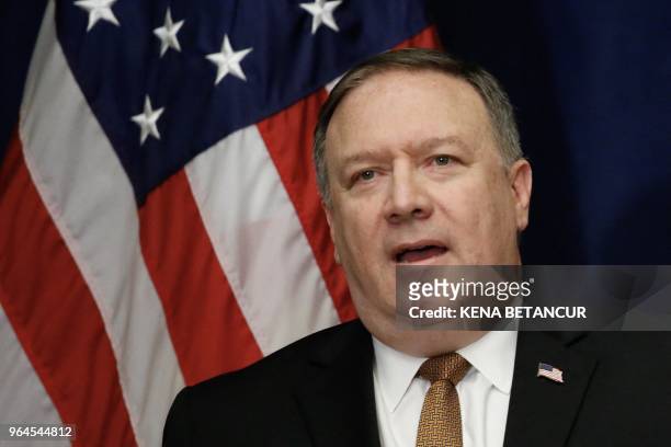 Secretary of State Mike Pompeo speaks during a press conference after meeting with Kim Jong Un's right-hand man Kim Yong Chol on May 31, 2018 in New...
