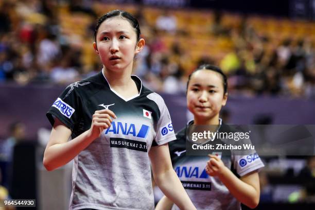 Hayata Hina and Ito Mima of Japan in action at the women's doubles quarter-final compete with Ng Wing Nam and Soo Wai Yam Minnie of Hong Kong China...