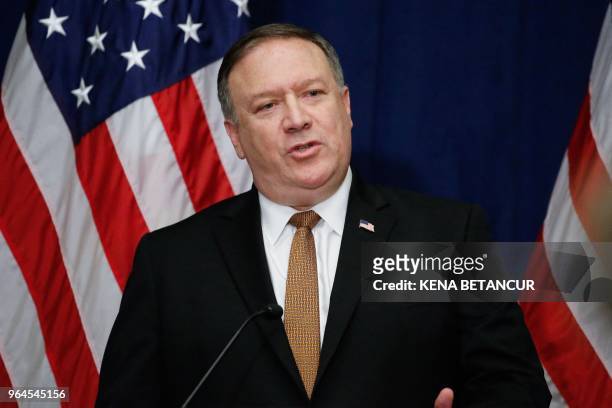 Secretary of State Mike Pompeo speaks during a press conference after meeting with Kim Jong Un's right-hand man Kim Yong Chol on May 31, 2018 in New...