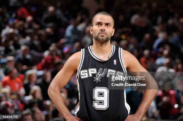 Tony Parker of the San Antonio Spurs stands on the court during the game against the New York Knicks on December 27, 2009 at Madison Square Garden in...