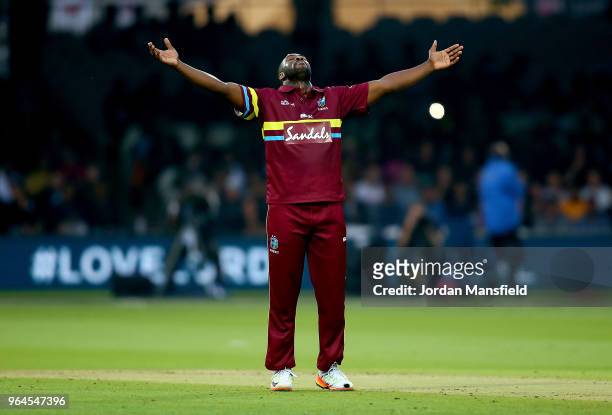 Andre Russell of West Indies celebrates dismisisng Sam Billings of ICC World XI during the T20 match between ICC World XI and West Indies at Lord's...