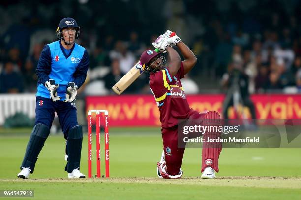 Andre Russell of West Indies bats during the T20 match between ICC World XI and West Indies at Lord's Cricket Ground on May 31, 2018 in London,...