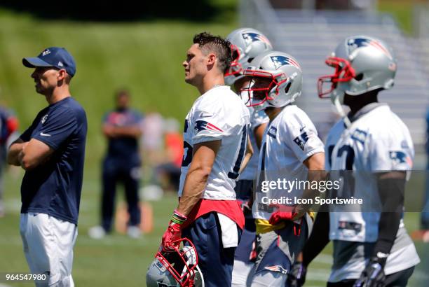 New England Patriots wide receiver Chris Hogan , New England Patriots wide receiver Julian Edelman and the receivers listen to instructions during...