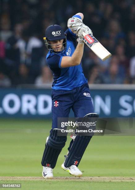 Sam Billings of the ICC World XI bats during the Hurricane Relief T20 match between the ICC World XI and West Indies at Lord's Cricket Ground on May...
