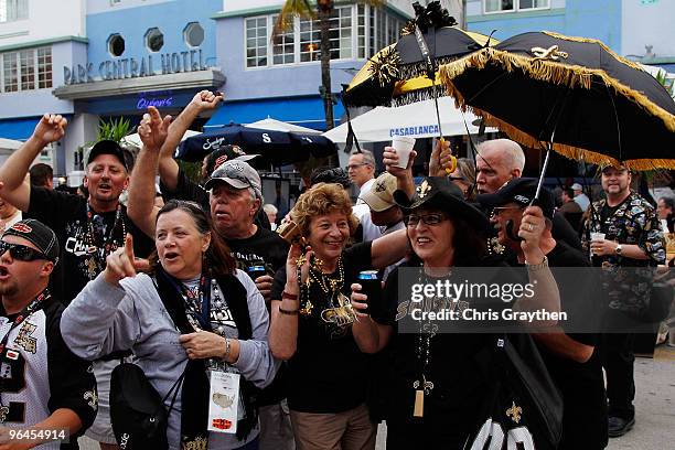 Fans of the New Orleans Saints party on South Beach on February 5, 2010 in Miami, Florida. Super Bowl XLIV between the Indianapolis Colts and the New...