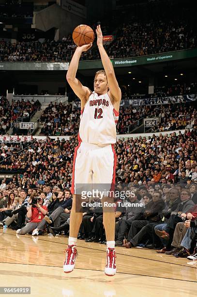Rasho Nesterovic of the Toronto Raptors takes a jump shot against the Los Angeles Lakers during the game on January 24, 2010 at the Air Canada Centre...