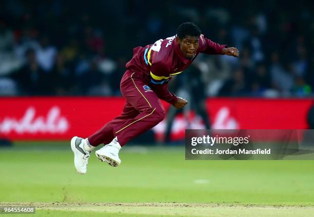 Keemo Paul of West Indies bowls during the T20 match between ICC World XI and West Indies at Lord's Cricket Ground on May 31, 2018 in London, England.