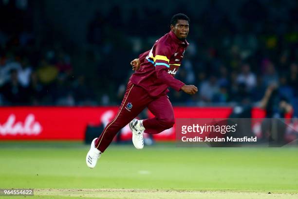 Keemo Paul of West Indies bowls during the T20 match between ICC World XI and West Indies at Lord's Cricket Ground on May 31, 2018 in London, England.