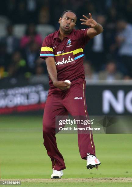 Samuel Badree of West Indies bowls during the Hurricane Relief T20 match between the ICC World XI and West Indies at Lord's Cricket Ground on May 31,...