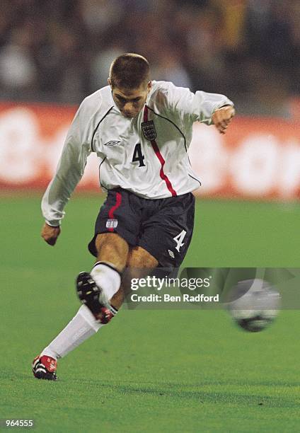 Steven Gerrard of England passes the ball during the FIFA 2002 World Cup Qualifier against Germany played at the Olympic Stadium in Munich, Germany....