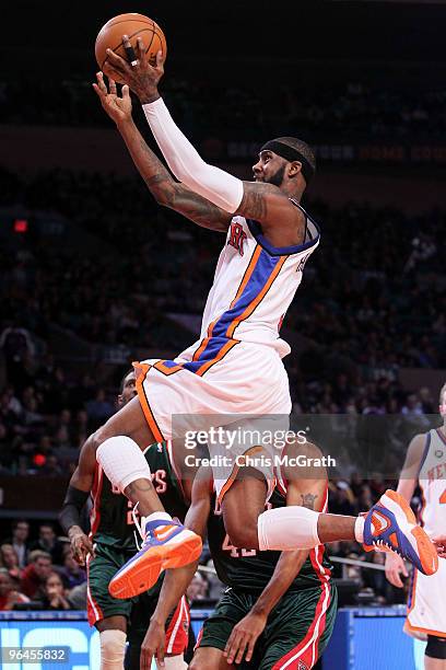 Larry Hughes of the New York Knicks drives to the basket against the Milwaukee Bucks at Madison Square Garden February 5, 2010 in New York City. NOTE...