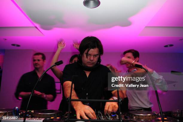 Paul Oakenfold on deck spining during the Jose Cuervo Platino Penthouse at Eden Roc Renaissance Miami Beach on February 5, 2010 in Miami Beach City.