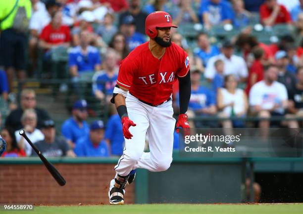 Nomar Mazara of the Texas Rangers hits in the first inning against the Kansas City Royals at Globe Life Park in Arlington on May 25, 2018 in...