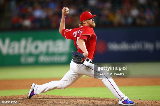 Jake Diekman of the Texas Rangers throws in the ninth inning against the Kansas City Royals at Globe Life Park in Arlington on May 25, 2018 in...