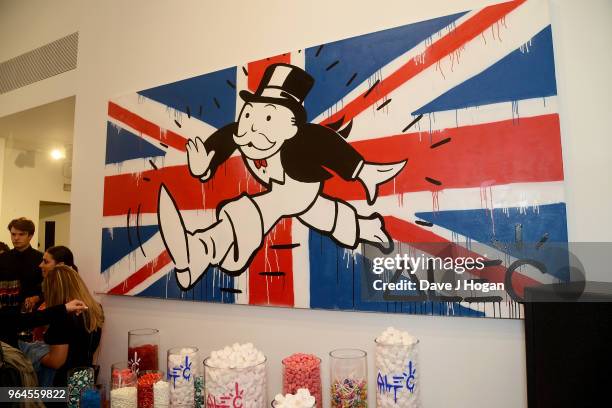 General view of Alec Monopoly's, 'Breaking the Bank on Bond Street' exhibition launch party at the Eden Fine Art Gallery on May 31, 2018 in London,...