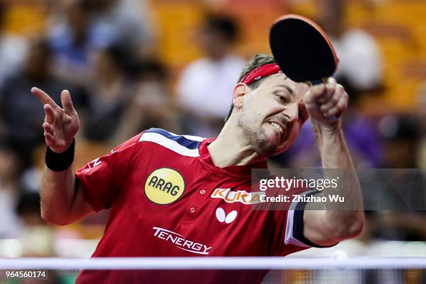Timo Boll of Germany in action at the men's singles match compete with Jorgic Darko of Slovenska during the 2018 ITTF World Tour China Open on May...