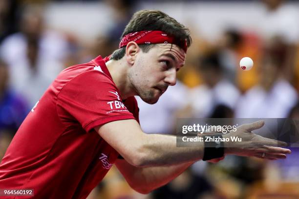 Timo Boll of Germany in action at the men's singles match compete with Jorgic Darko of Slovenska during the 2018 ITTF World Tour China Open on May...